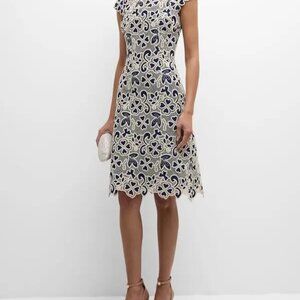 Teri Jon Navy and Cream‎ Lace Midi Women's Cocktail Dress Size 4